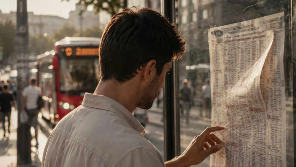 Barış reading a bus timetable in Kızılay, Ankara