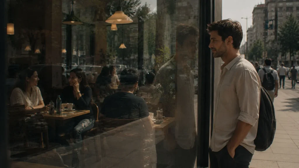Barış standing outside a café window in Kızılay, Ankara