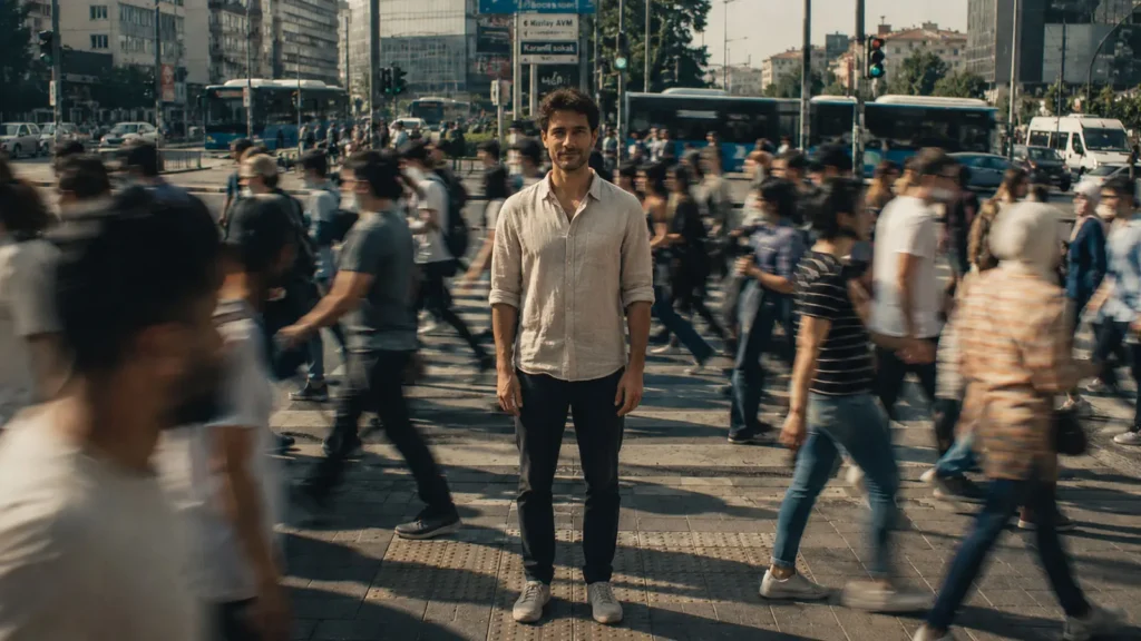 A man standing still in a crowded Kızılay crosswalk in Ankara