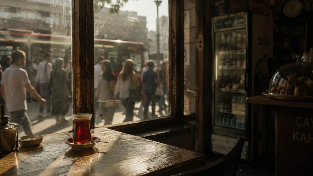 Turkish tea beside a window in a café in Kızılay, Ankara