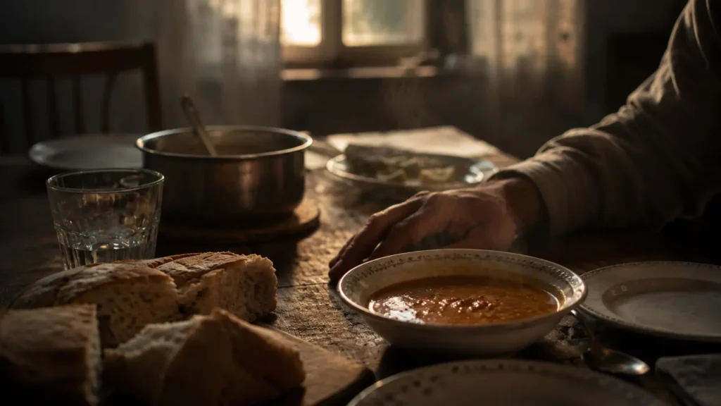 Steaming lentil soup on a quiet Ankara dinner table at sunset