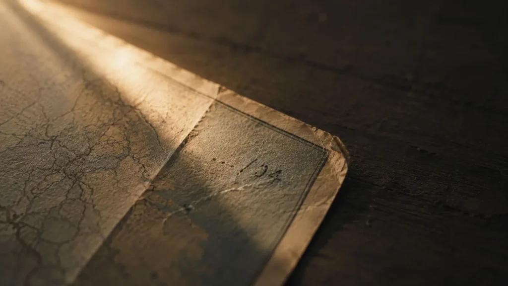 Worn corner of an old Turkey map with a faded handwritten number in warm morning light