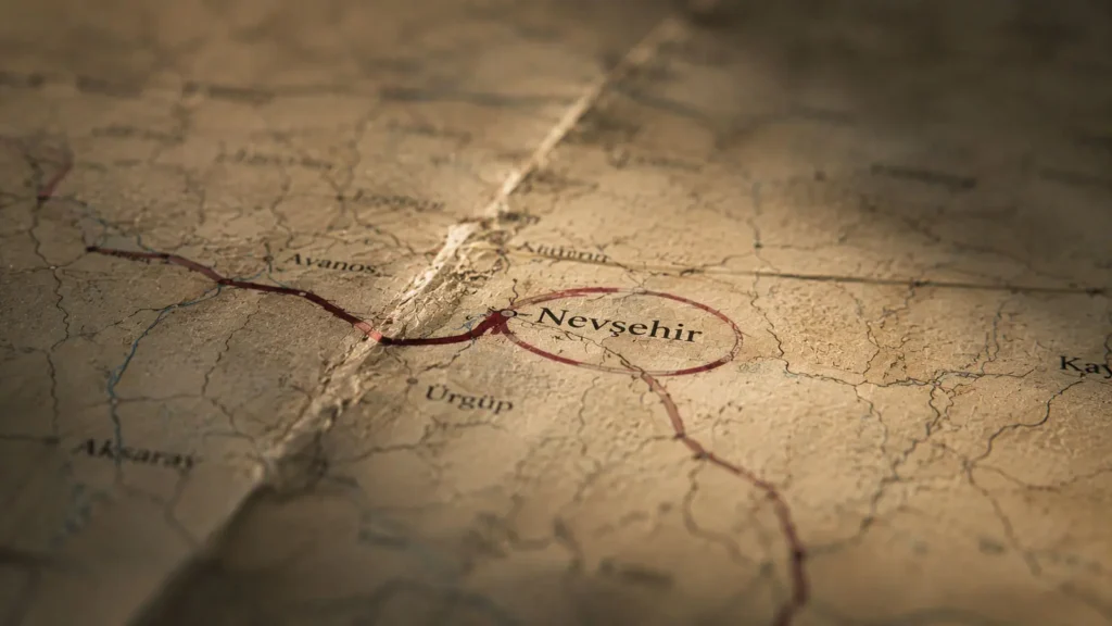 Close-up of an old Turkey map with Nevşehir circled in red pencil
