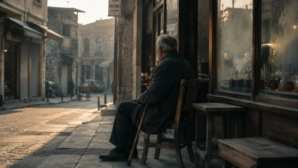 Elderly man sitting outside a quiet tea house in Ulus, Ankara