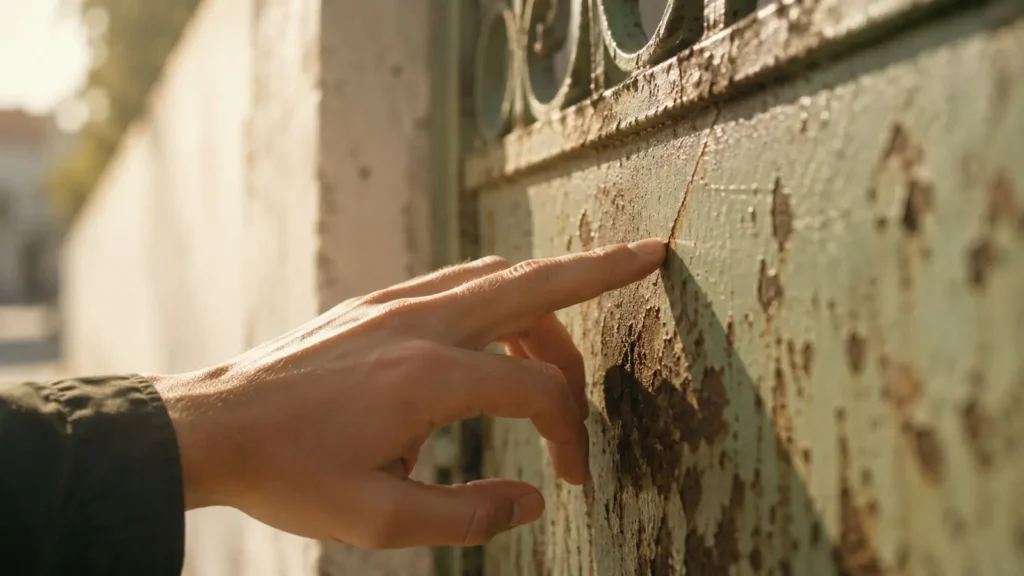 Hand touching a rusted gate in an Ankara neighborhood
