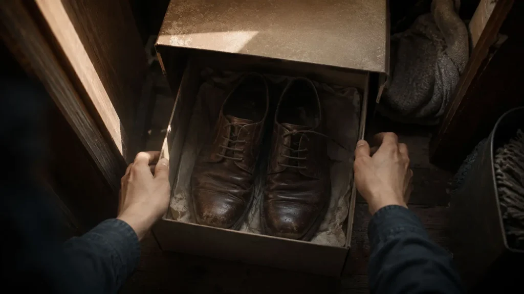 POV view of worn leather shoes inside an old shoebox
