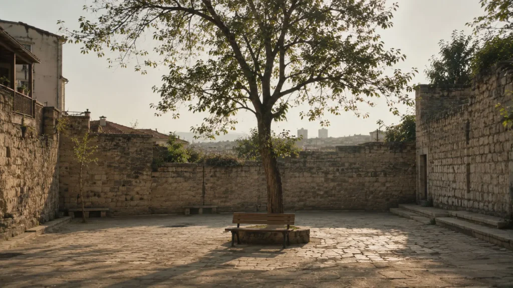 Quiet stone courtyard with a lone tree in old Turkey