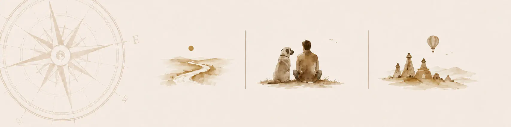 Watercolor-style navigation artwork for the Barış and Noah story world