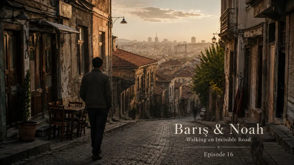 Barış walking through a quiet old street in Ulus, Ankara at early morning