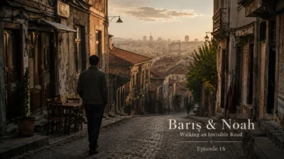 Barış walking through a quiet old street in Ulus, Ankara at early morning