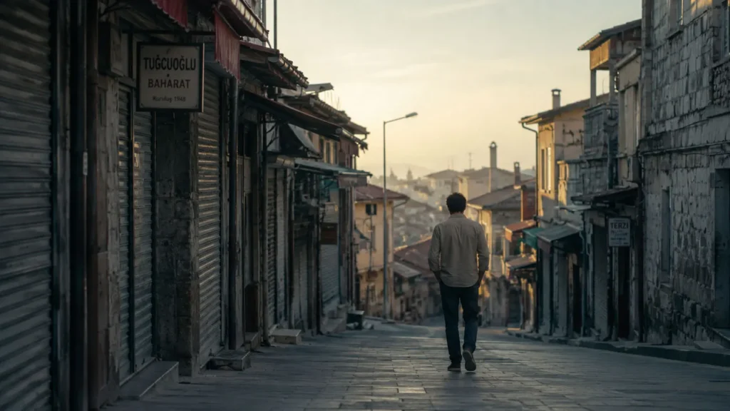 Young man walking through a quiet morning street in Ulus, Ankara