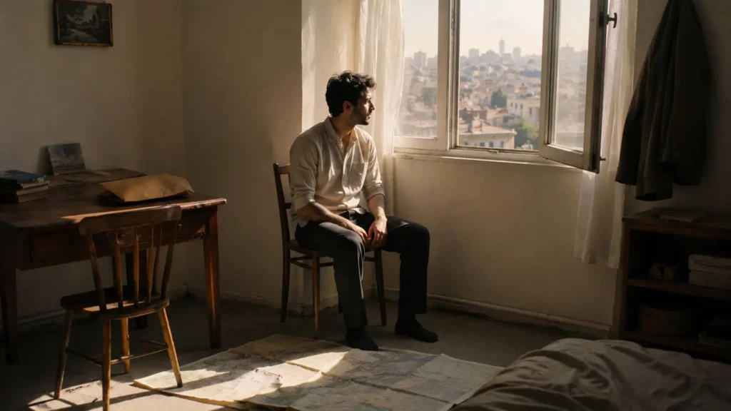 Young man sitting quietly by a window in Ankara during warm afternoon light