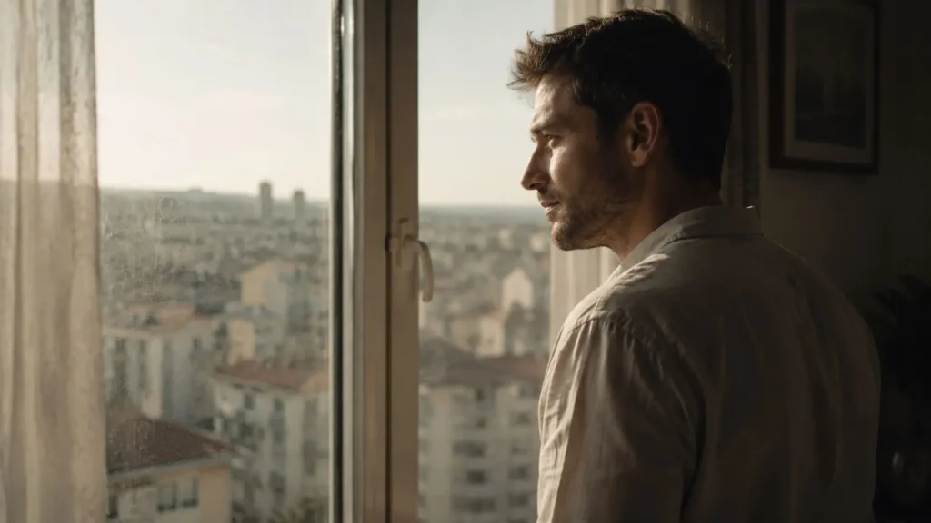 Barış standing by a window overlooking Ankara in the early morning