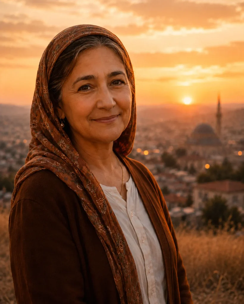 Emine standing quietly in warm sunset light above Cappadocia
