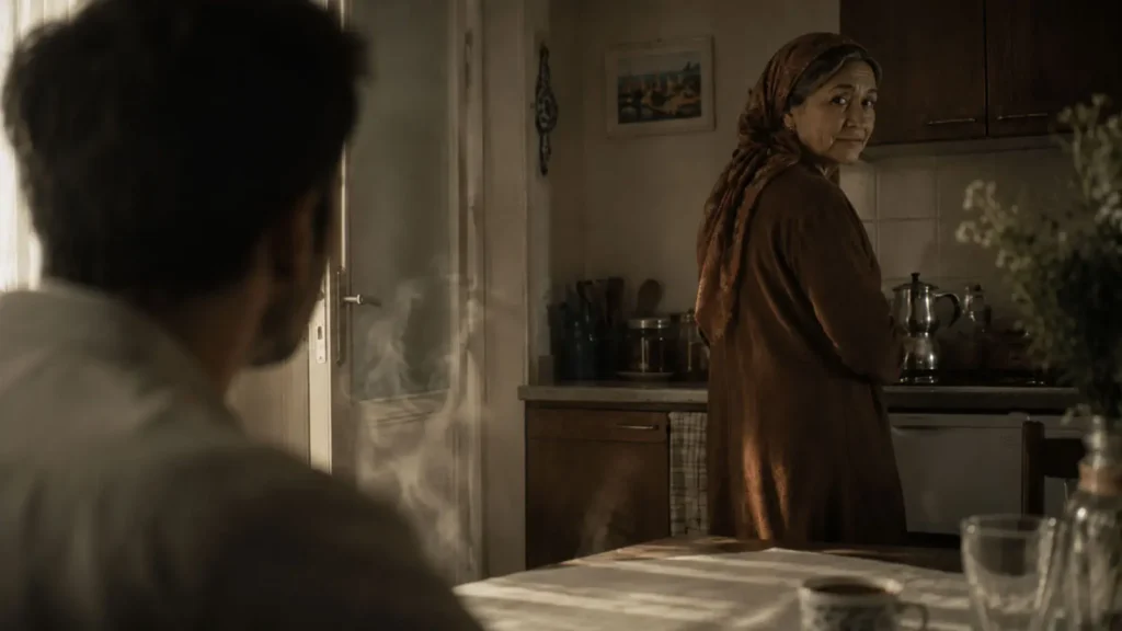Emine quietly turning toward Barış inside a sunlit Ankara kitchen