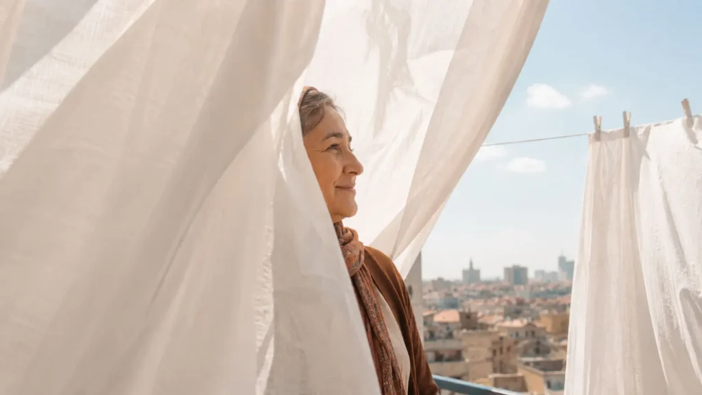 Emine standing between white curtains above Ankara under soft afternoon light