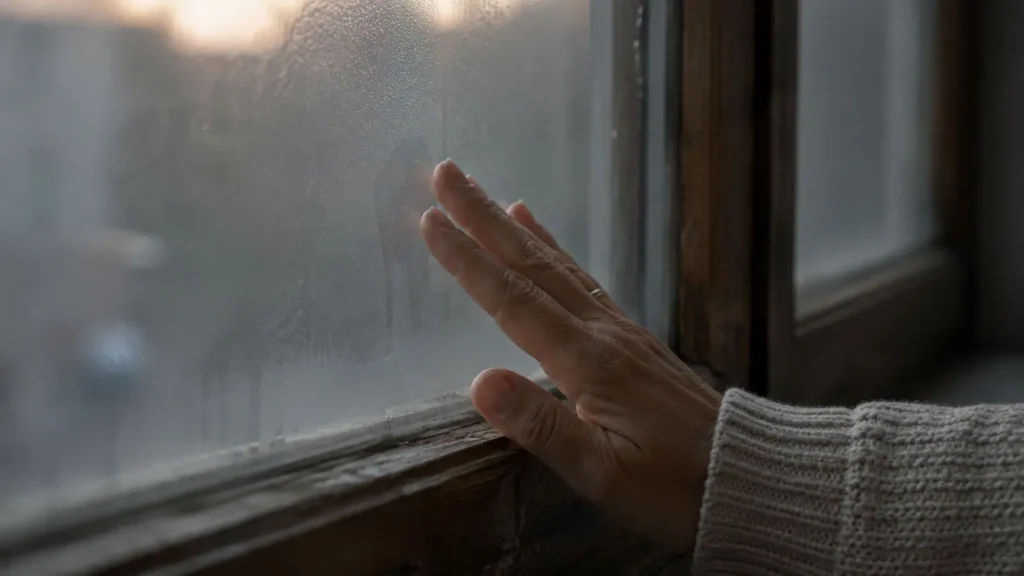 A woman’s hand touching a fogged apartment window in Ankara at dawn