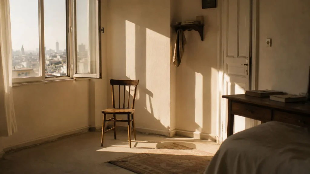 Empty wooden chair beside a sunlit window in Ankara