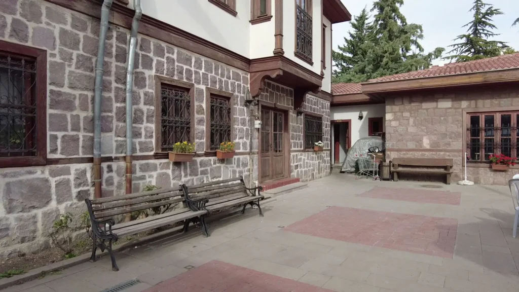 Quiet courtyard with empty benches in Hamamönü Ankara