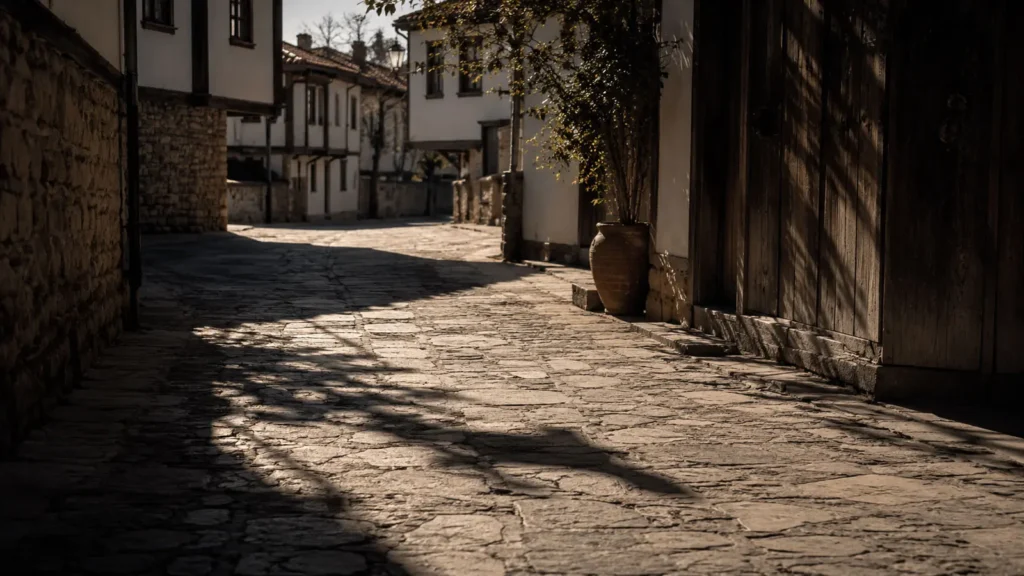 Empty stone street with long shadows in Hamamönü, Ankara