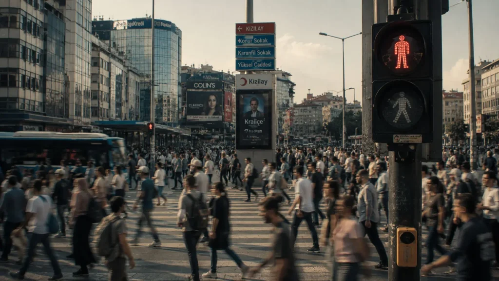 Crowded crosswalk in Kızılay, Ankara during late afternoon