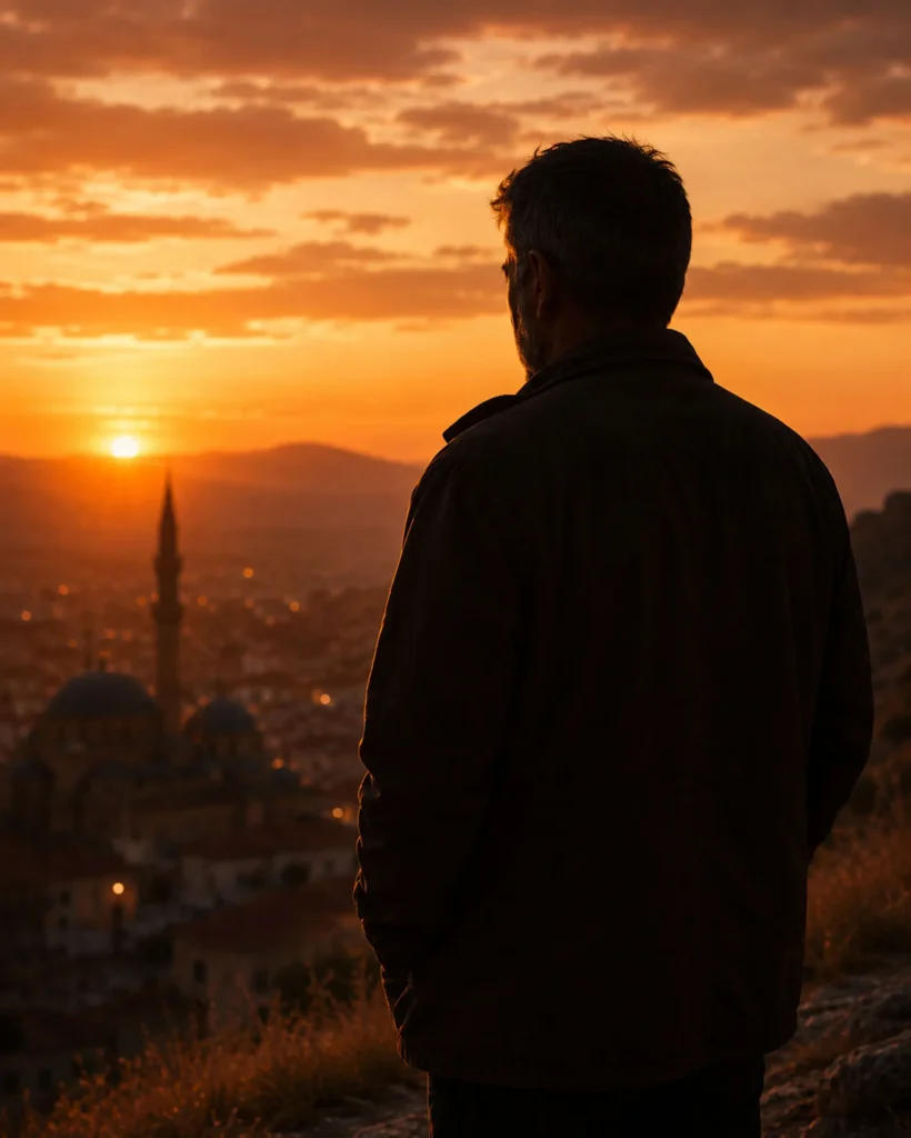 Mustafa standing silently above the city at sunset in Cappadocia