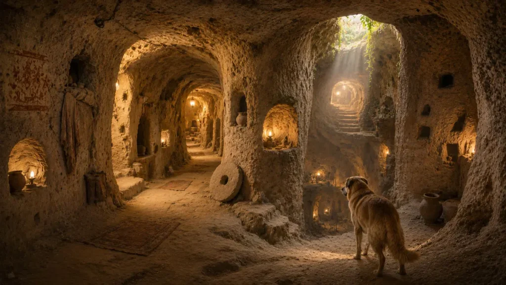 Noah inside an underground cave city in Cappadocia