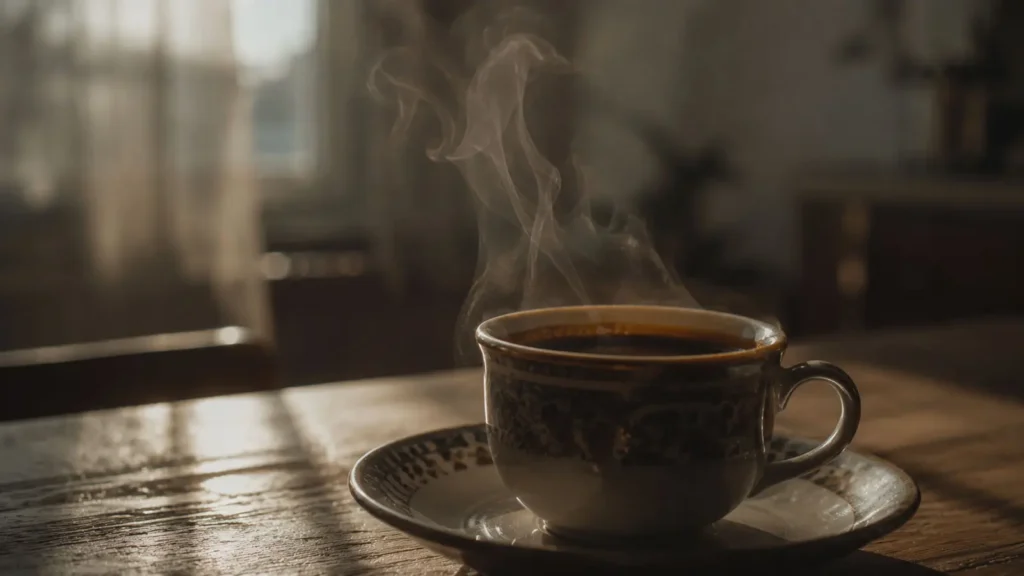 Steam rising from Turkish coffee in a quiet Ankara apartment