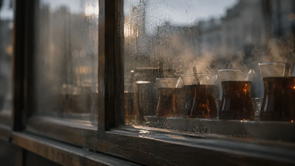 Traditional Turkish tea glasses behind a fogged window in Ulus