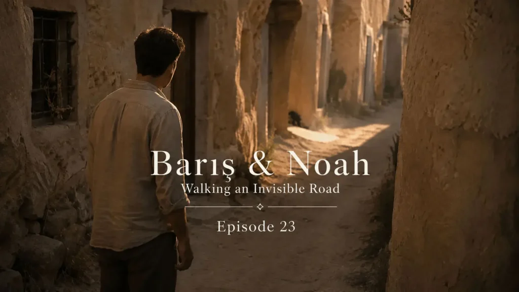 Barış walking through a quiet alley in Cappadocia at sunset