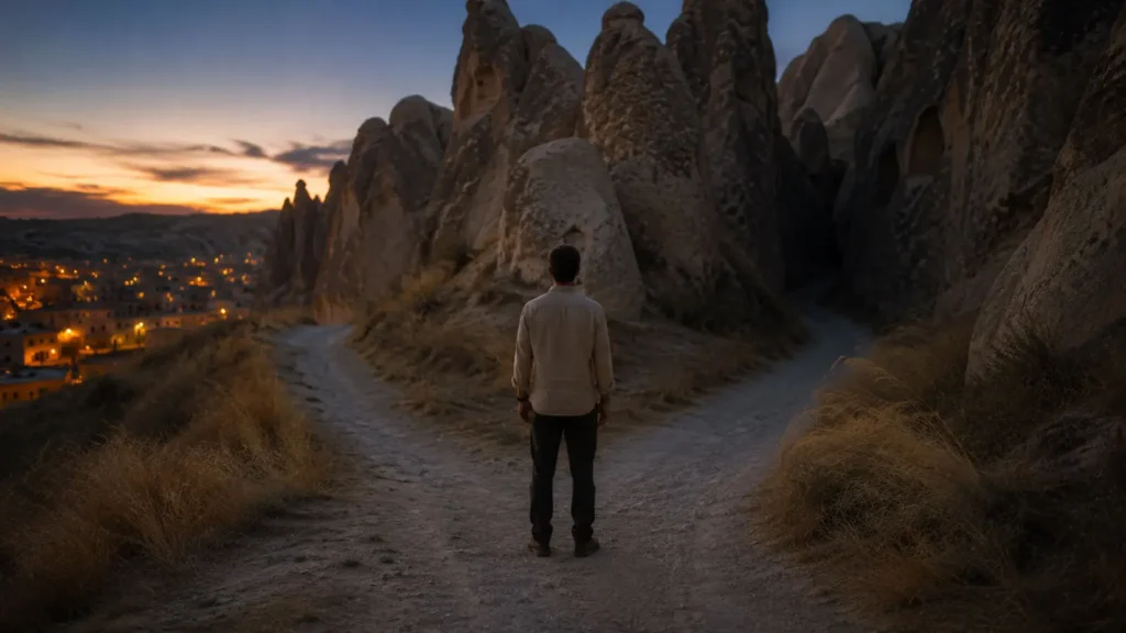 Barış standing at a crossroads in Cappadocia at dusk