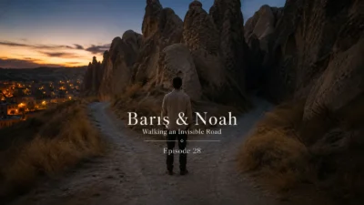 Barış standing at a forked path between Cappadocian rock formations at dusk