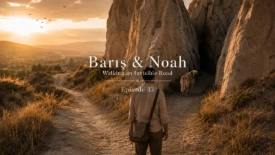 Barış stands at a fork in Cappadocia as Noah waits beside a narrow hidden path.