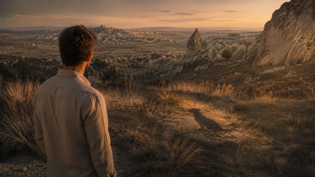 A traveler watching a long shadow across a Cappadocia valley at sunset
