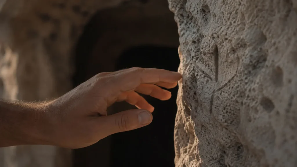 A hand touching an old carved symbol beside a cave entrance in Cappadocia