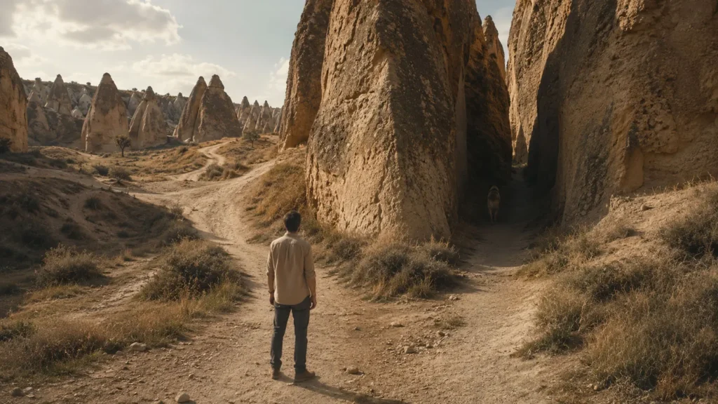 A traveler standing at a rocky crossroads in Cappadocia while a dog disappears into a narrow passage