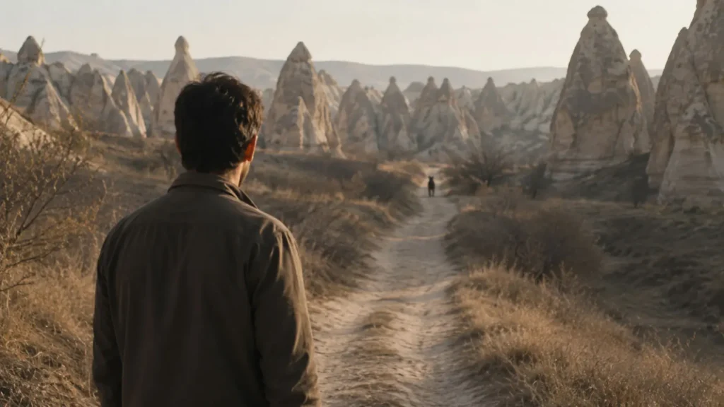 A man watching a distant figure on a quiet path in Cappadocia
