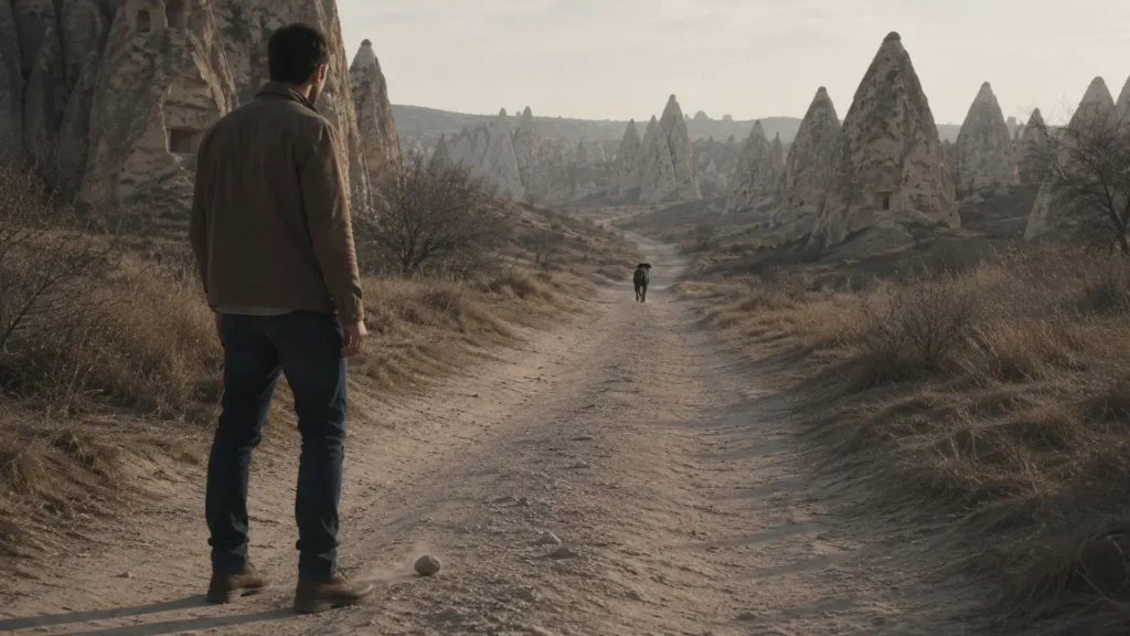 A traveler watching a distant dog on a winding path in Cappadocia