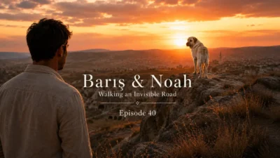Barış watching Noah on a rocky ridge at sunset in Cappadocia