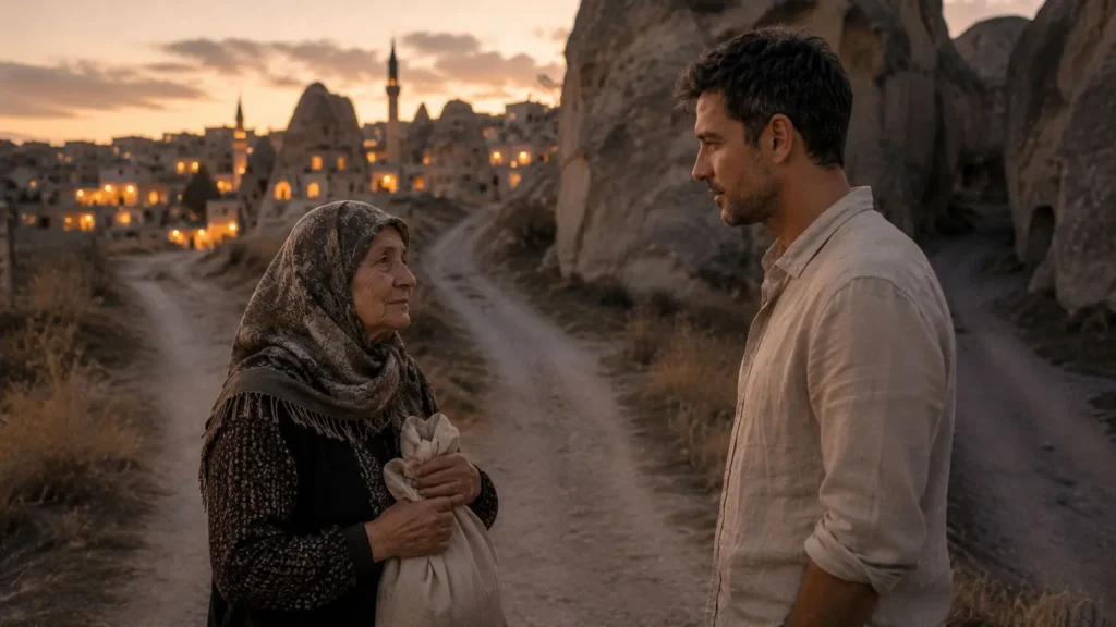 Barış speaking with an elderly woman in Cappadocia at dusk