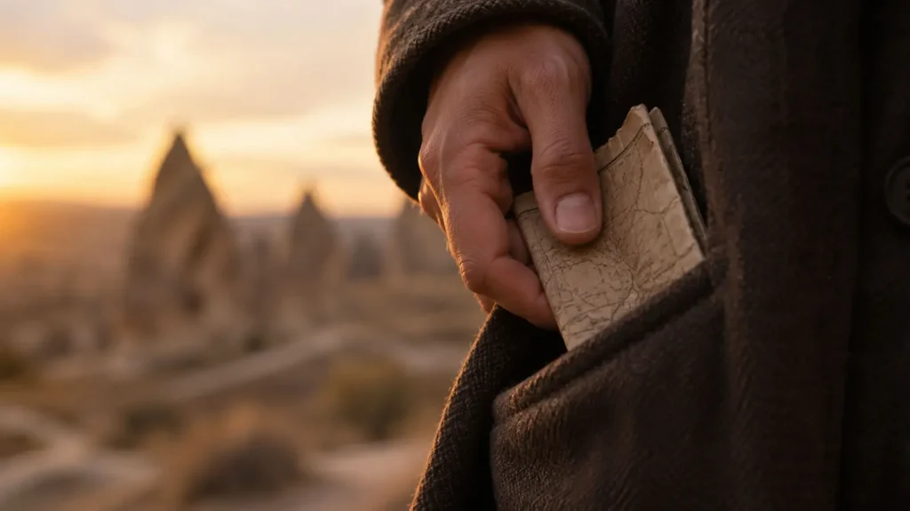 A worn map held in Barış's hand in Cappadocia
