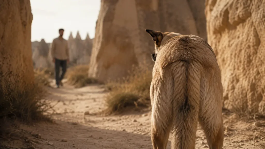 A dog looking back at a traveler on a narrow Cappadocia path