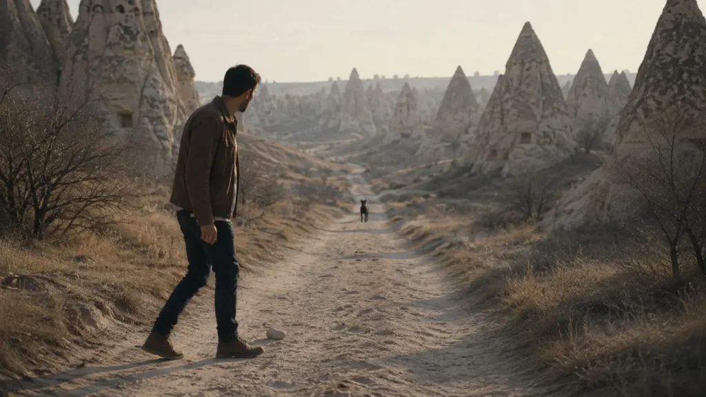 A traveler watching a distant dog on a quiet path in Cappadocia