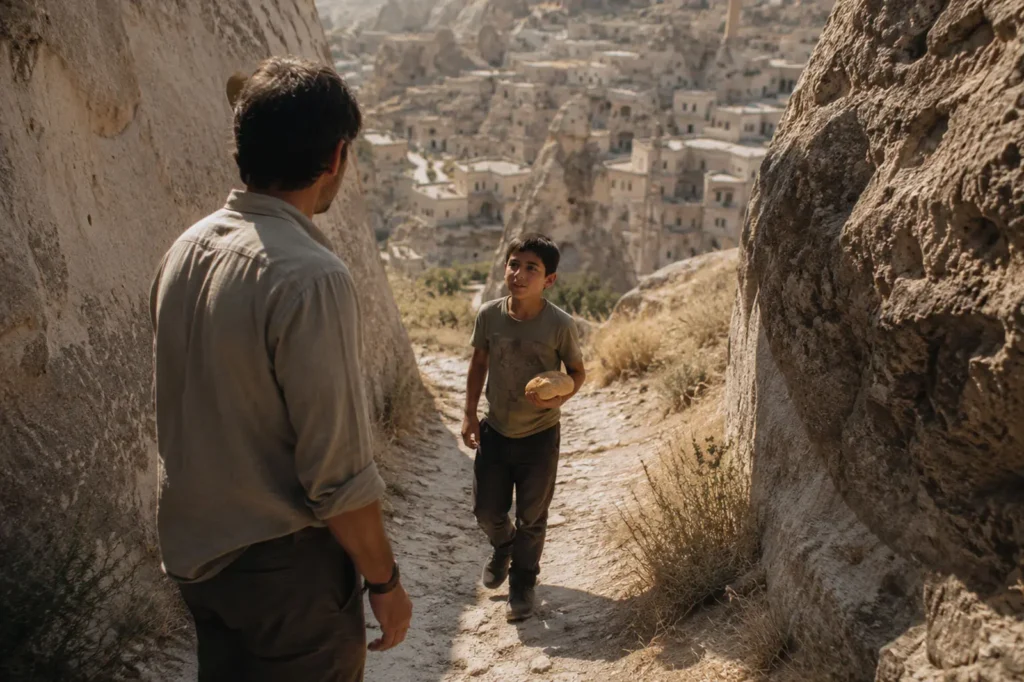 Young boy meeting Barış on a rocky path in Göreme, Cappadocia