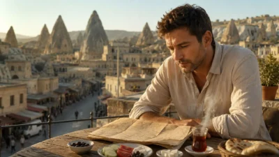 Barış studying a map over breakfast in Göreme, Cappadocia