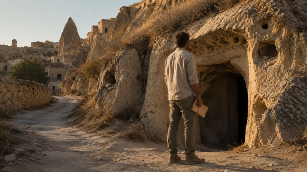 Barış standing beside an ancient cave dwelling in Göreme