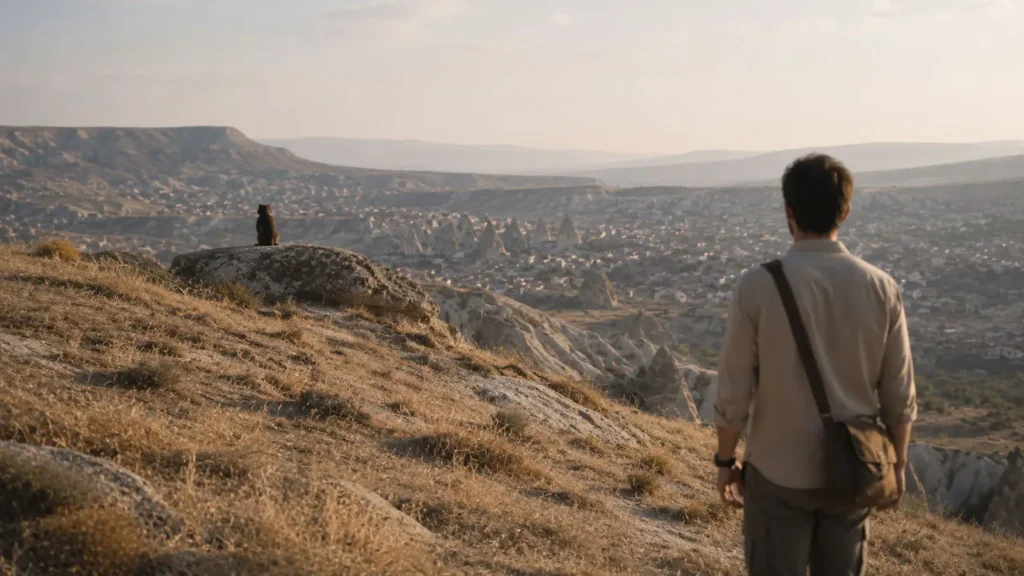 A traveler looking toward a distant figure on a hillside above Göreme