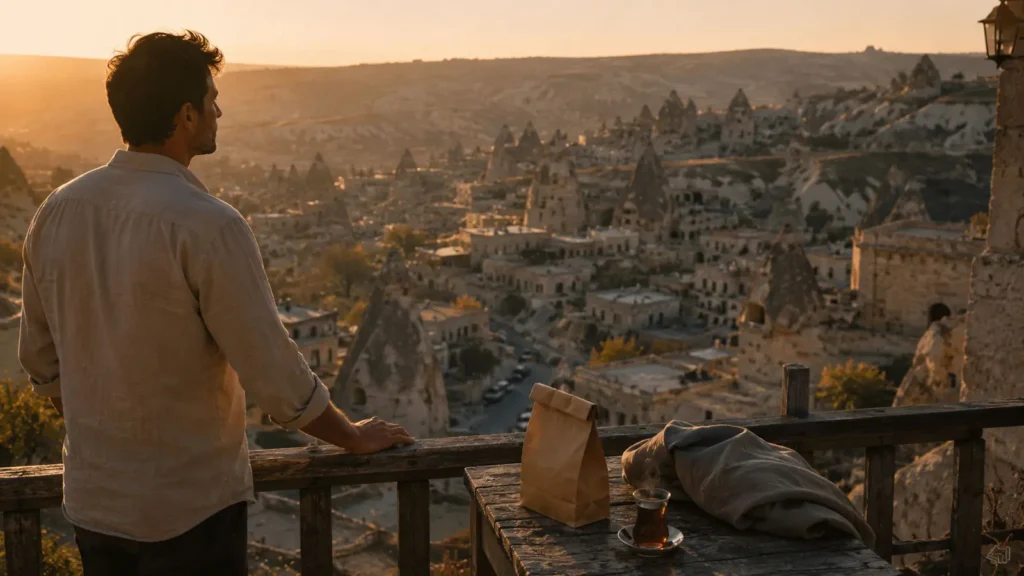 Barış looking over Göreme at sunrise from a terrace in Cappadocia