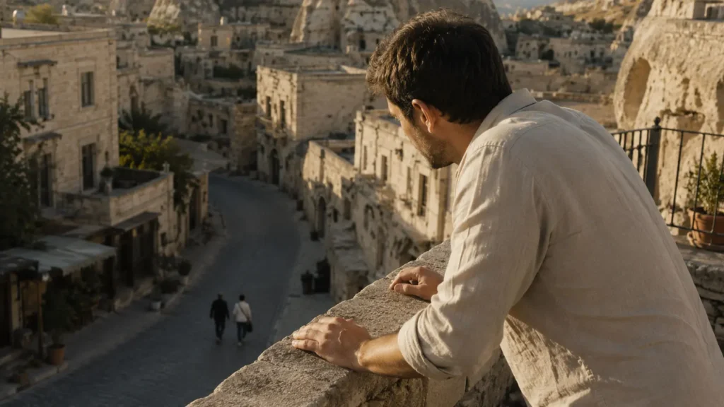 Barış looking over a quiet street in Göreme, Cappadocia