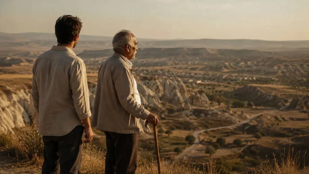 A traveler and an elderly man overlooking the Göreme valley